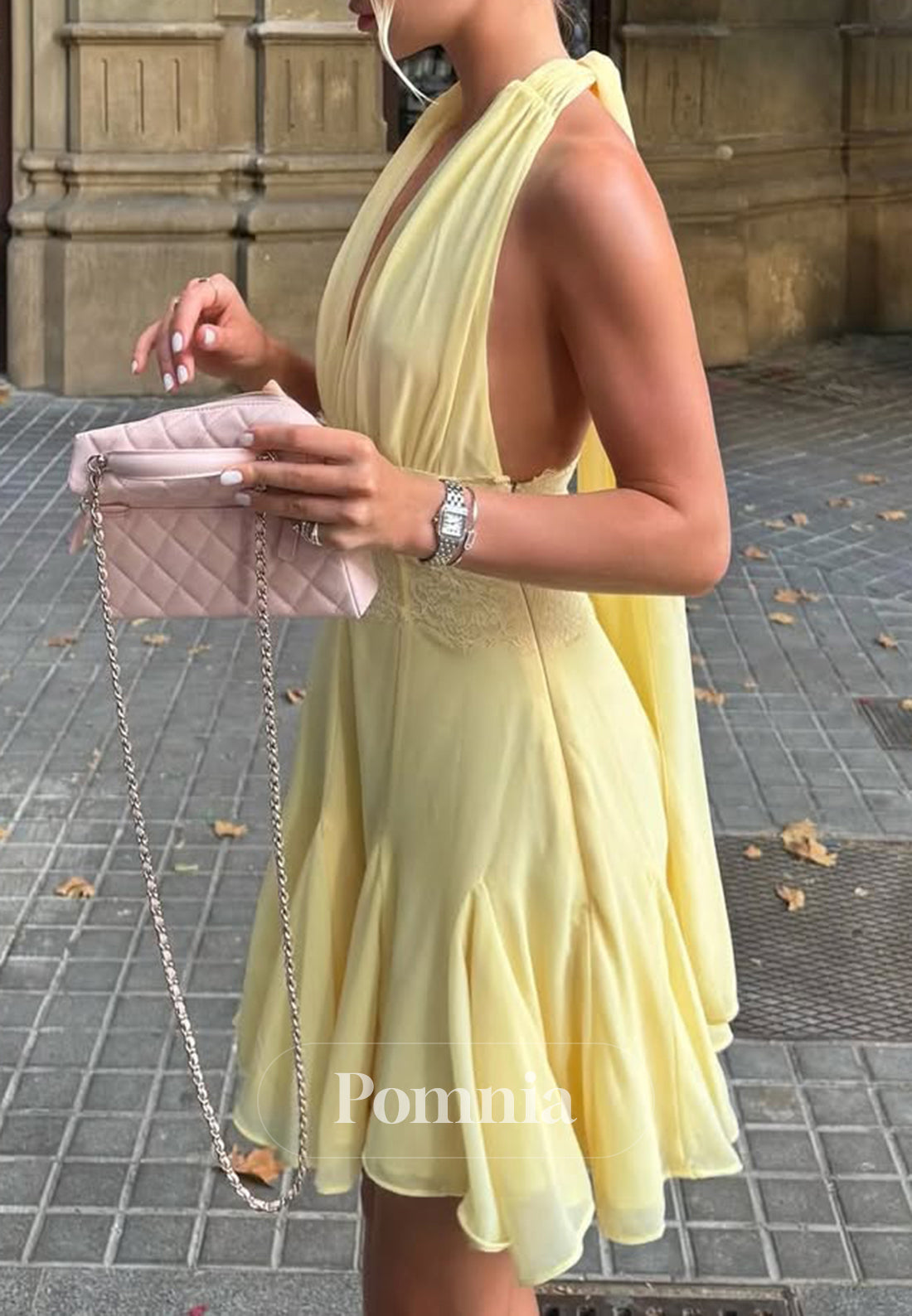 Daffodil Spaghetti Straps V-Neck Empire-Waist Short Homecoming Dress