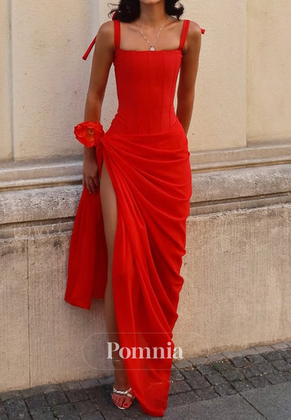 Red Spaghetti Straps Square Ruched Slit Prom Dress