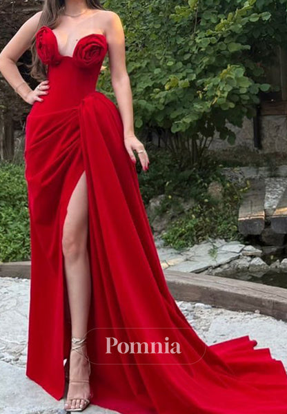 Red Sleeveless Strapless Floral Appliques Slit Ruched Prom Dress