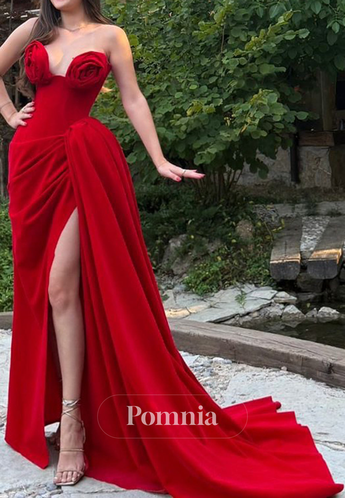 Red Sleeveless Strapless Floral Appliques Slit Ruched Prom Dress