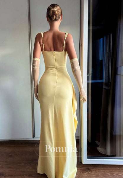 Daffodil Spaghetti Straps Square Slit Ruched Prom Dress