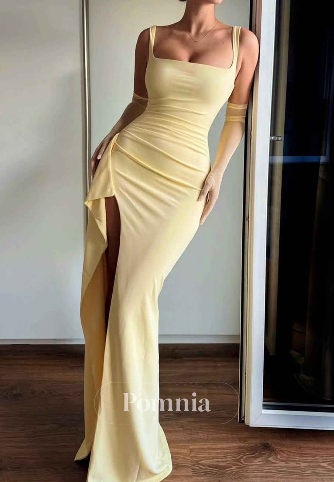 Daffodil Spaghetti Straps Square Slit Ruched Prom Dress