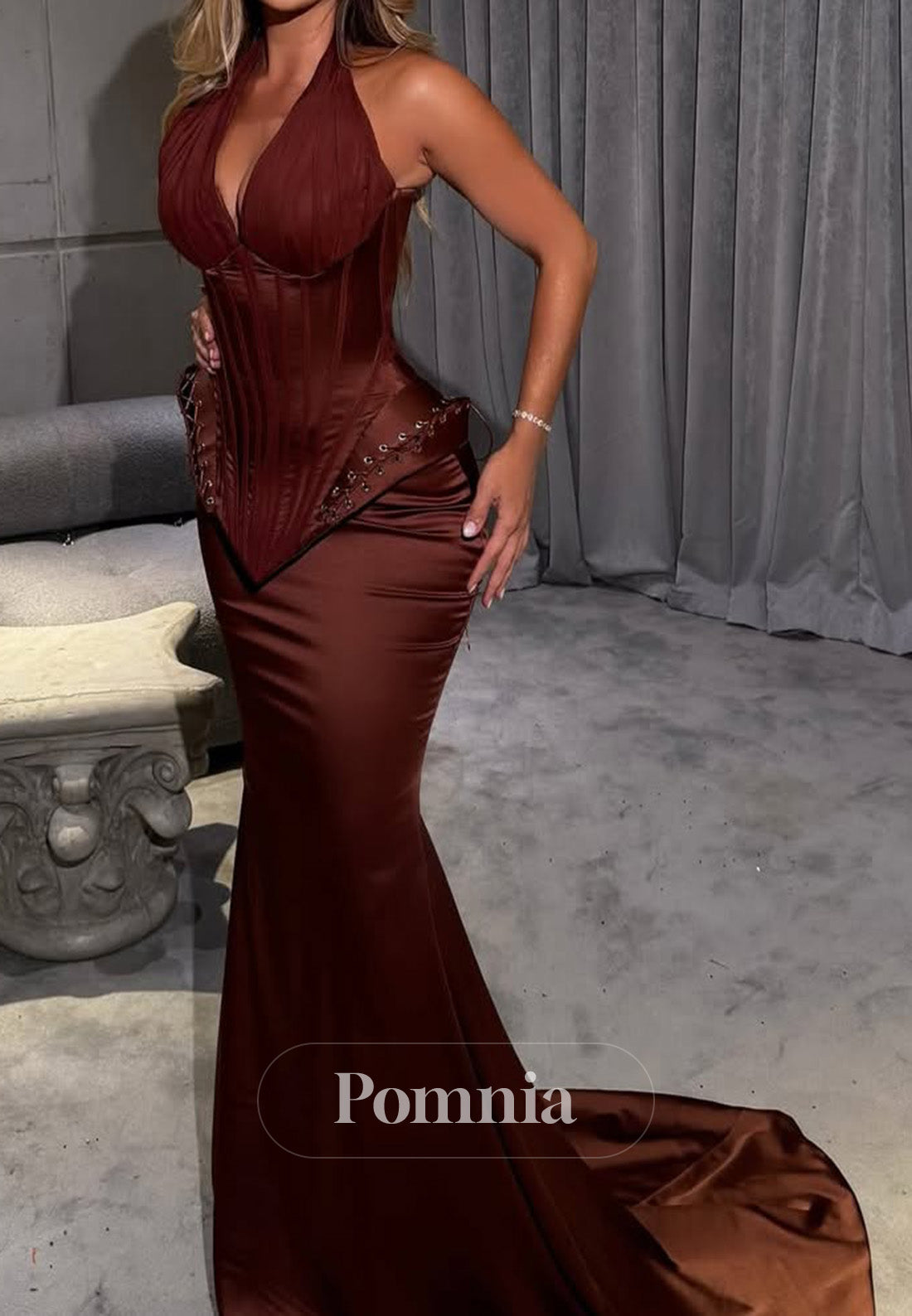 Cabernet Halter Sleeveless Corset Sheath Prom Dress