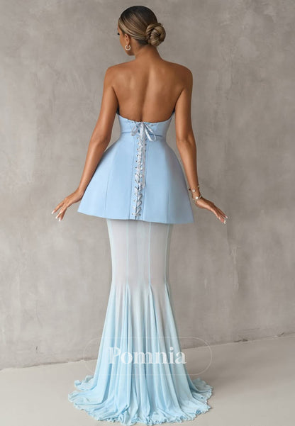 Sky Blue Sleeveless Strapless Mermaid Prom Dress