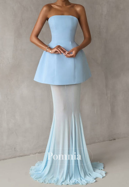 Sky Blue Sleeveless Strapless Mermaid Prom Dress
