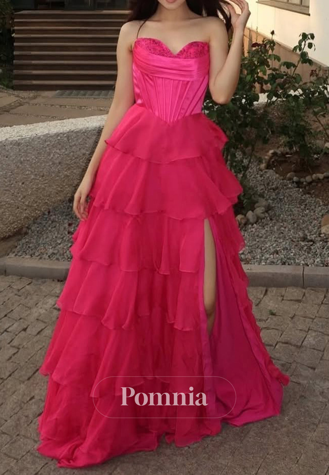 Candy Pink Sleeveless Sweetheart Ruffles Slit Prom Dress