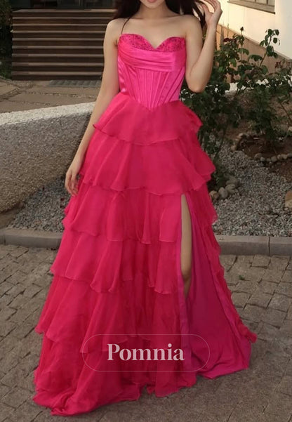 Candy Pink Sleeveless Sweetheart Ruffles Slit Prom Dress