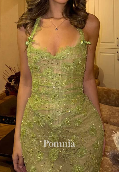 Dusty Sage Spaghetti Straps Scoop Corset Lace Prom Dress