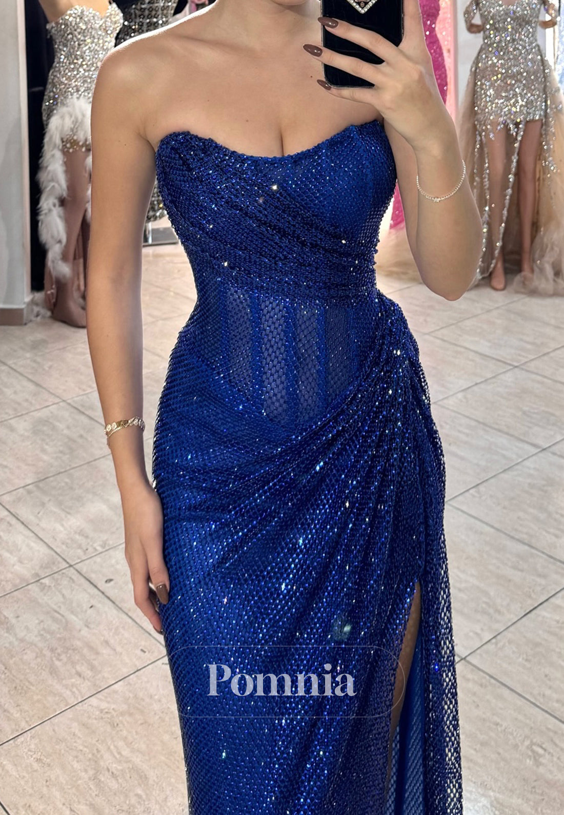 Royal Blue Sleeveless Strapless Slit Ruched Evening Dress