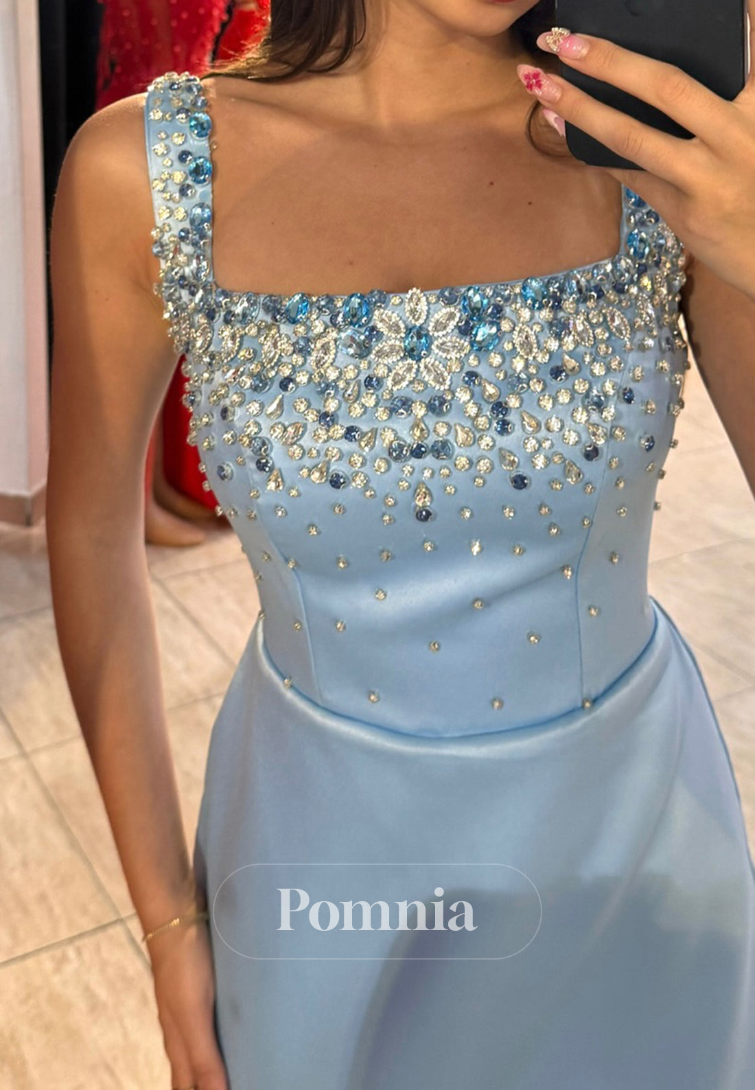 Sky Blue Spaghetti Straps Square Sequins Homecoming Dress
