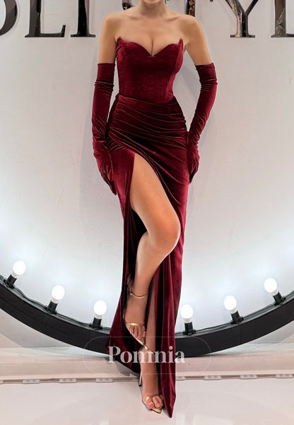 Sheath Strapless Sleeveless Slit Velvet Evening Dress