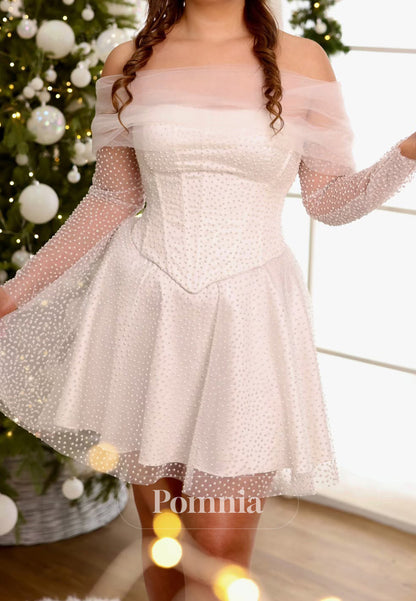 White Off-Shoulder Long Sleeves Ruched Homecoming Dress