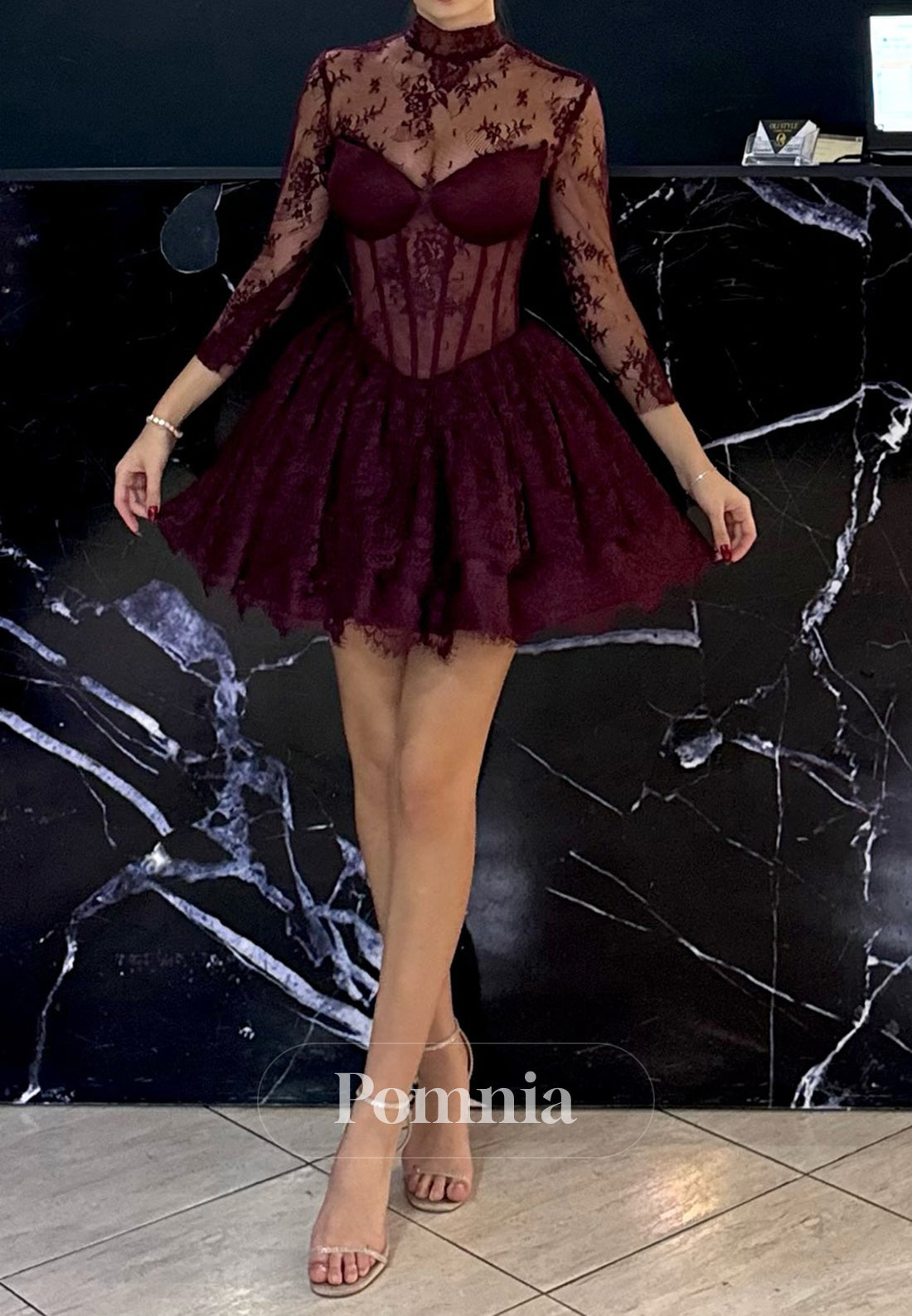 Burgundy Long Sleeves High Neck Corset Tulle Homecoming Dress