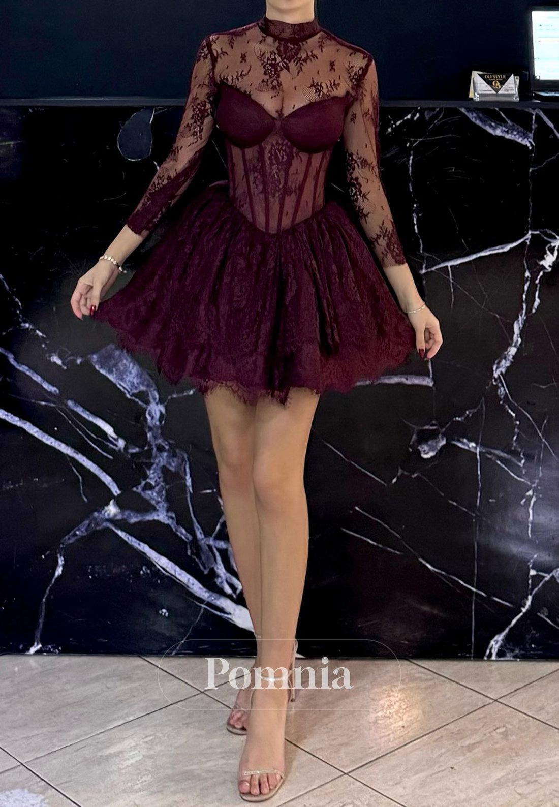 Burgundy Long Sleeves High Neck Corset Tulle Homecoming Dress