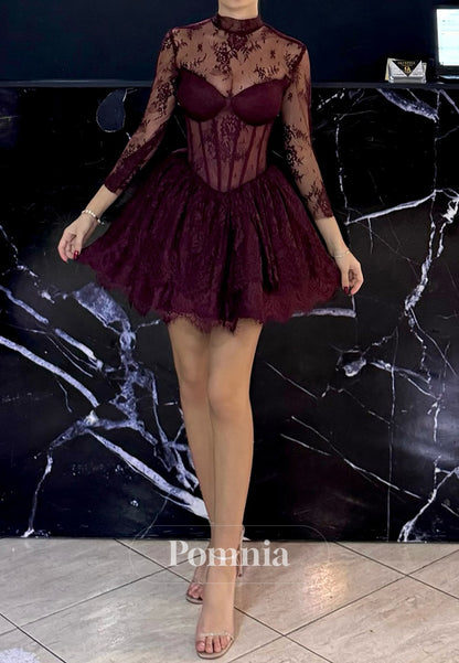 Burgundy Long Sleeves High Neck Corset Tulle Homecoming Dress