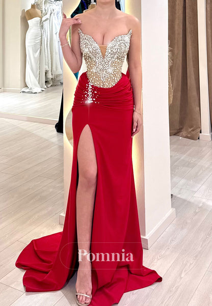 Red Strapless Sleeveless Beads Slit Evening Dress