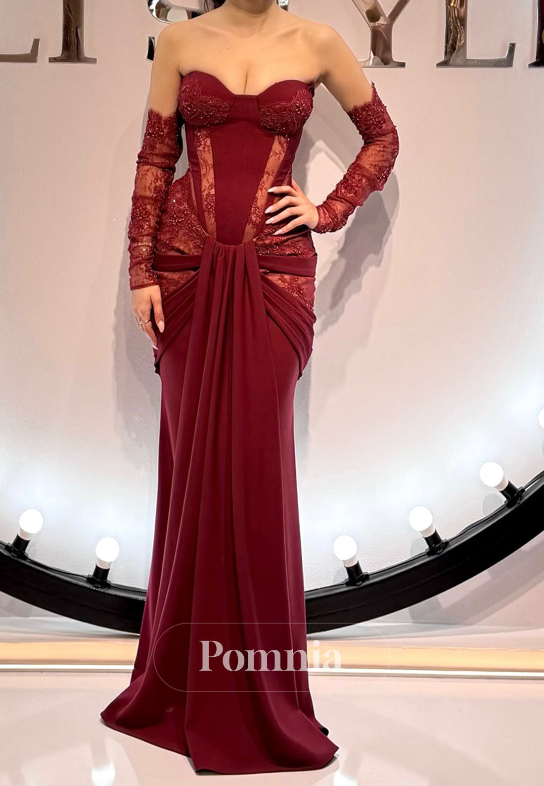 Burgundy Long Sleeves Off-Shoulder Ruched Evening Dress