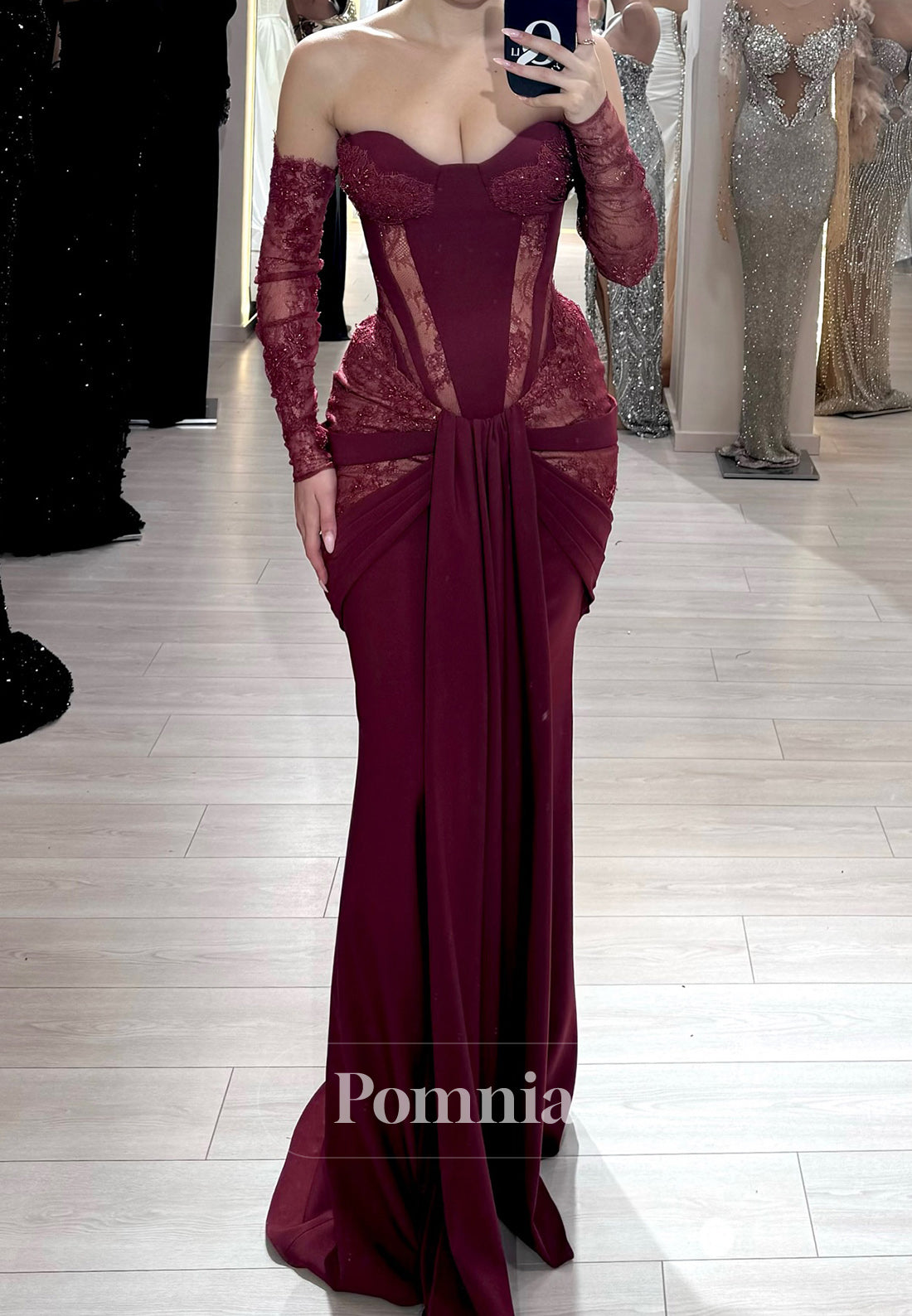 Burgundy Long Sleeves Off-Shoulder Ruched Evening Dress