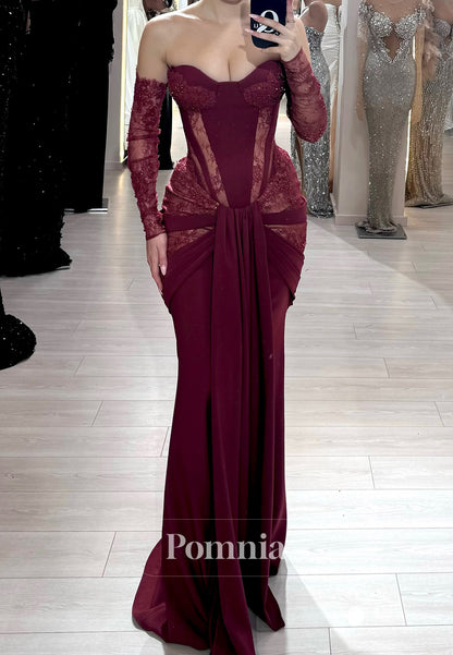 Burgundy Long Sleeves Off-Shoulder Ruched Evening Dress