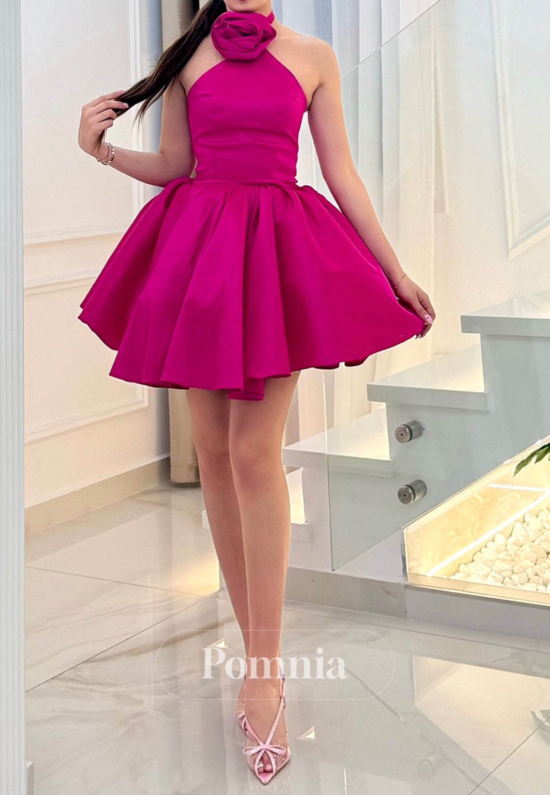 Fuchsia Halter Sleeveless Empire-Waist Homecoming Dress
