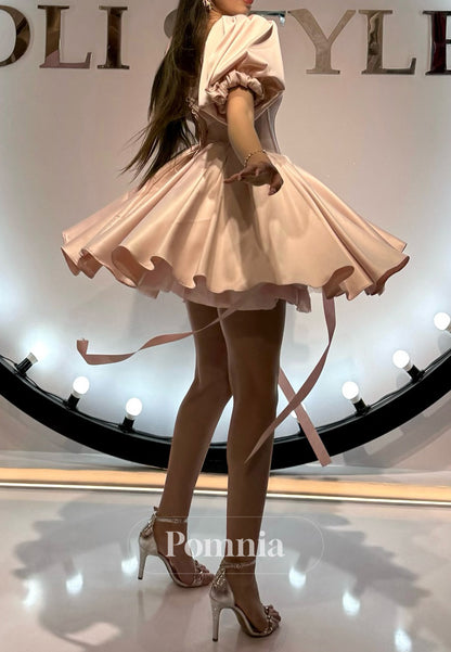 Rose Petal Short Sleeves Square Short A-Line Homecoming Dress