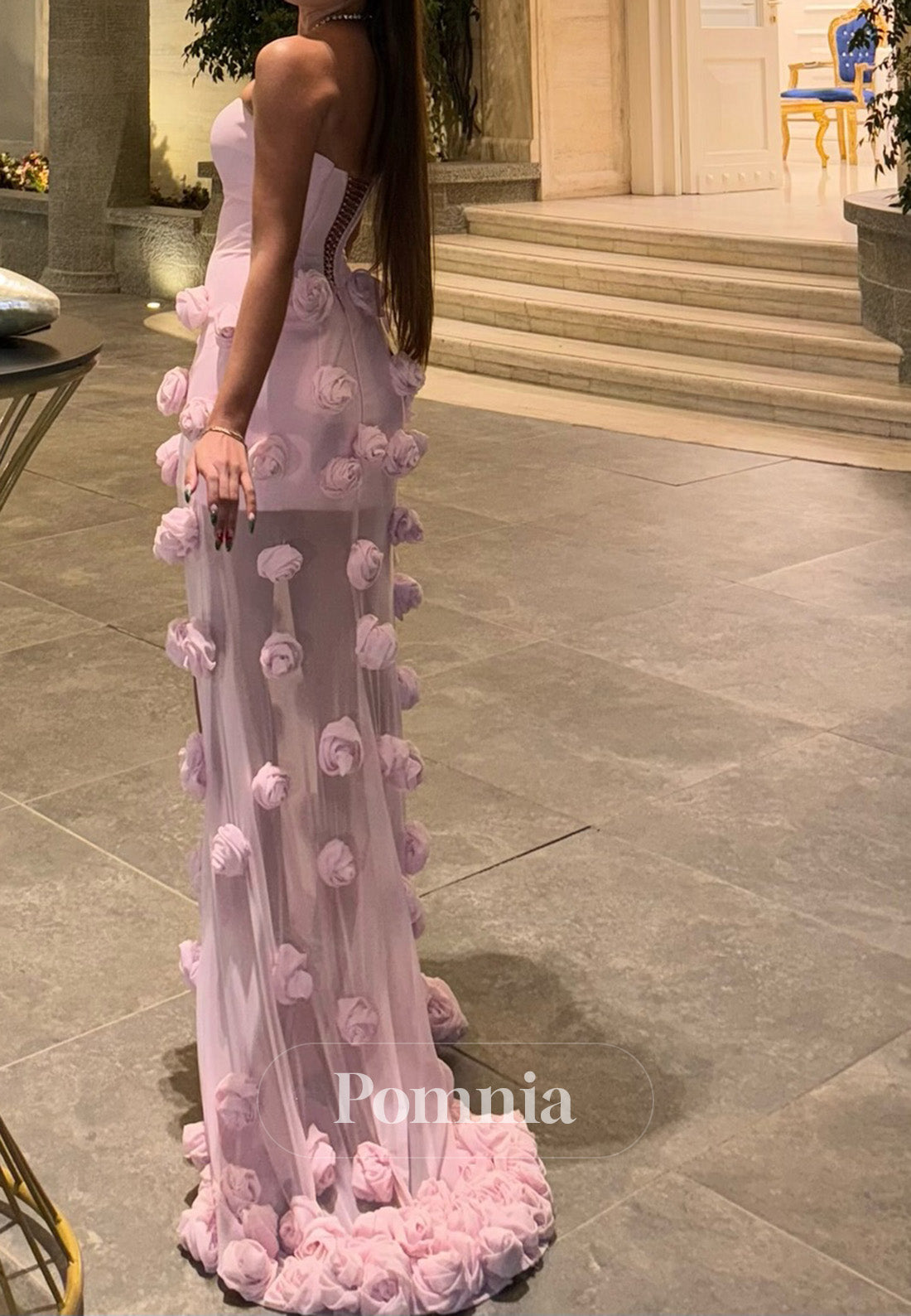 Blushing Pink Sleeveless Strapless Floral Appliques Slit Prom Dress