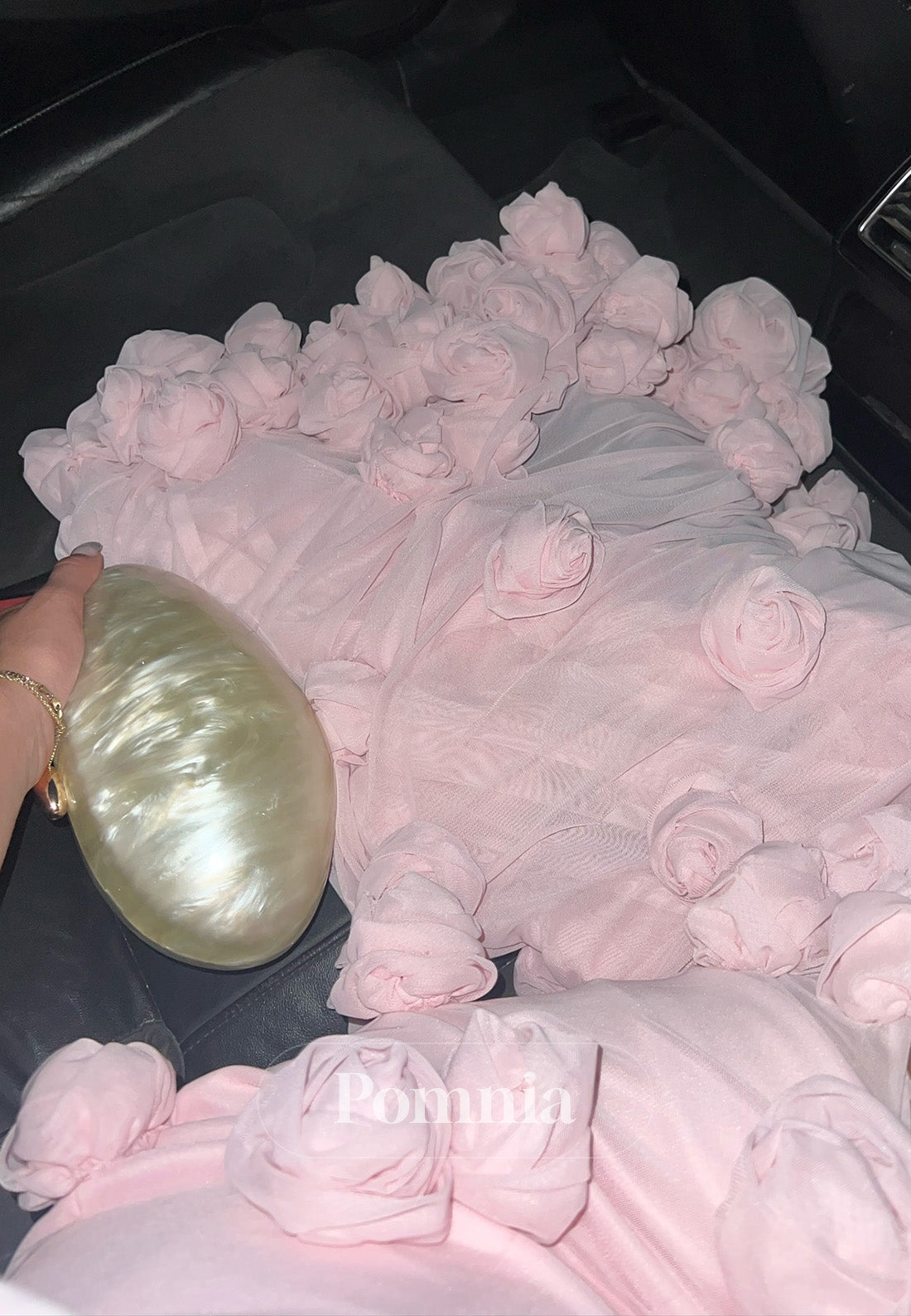 Blushing Pink Sleeveless Strapless Floral Appliques Slit Prom Dress