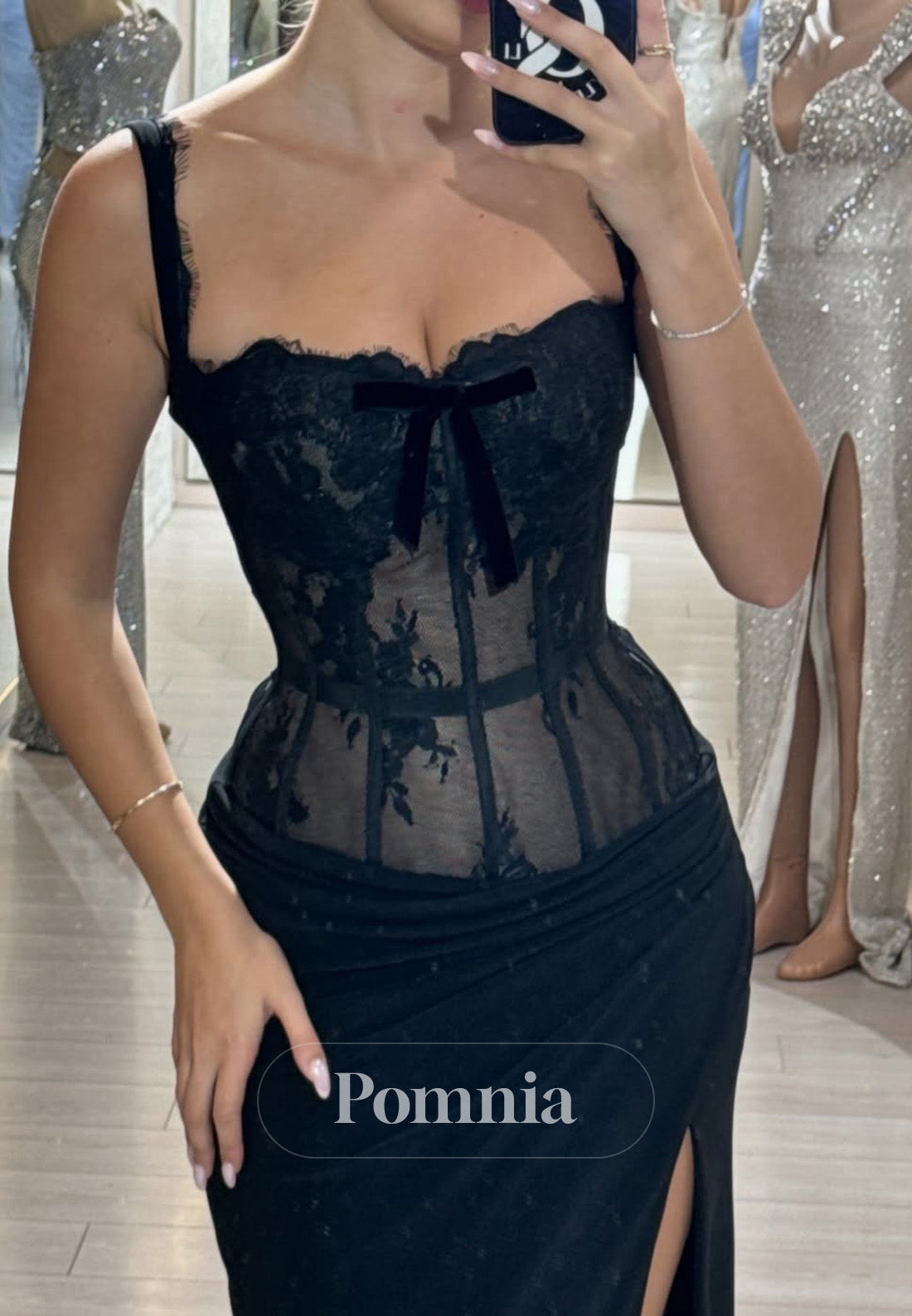 Black Spaghetti Straps Square Slit Corset Prom Dress