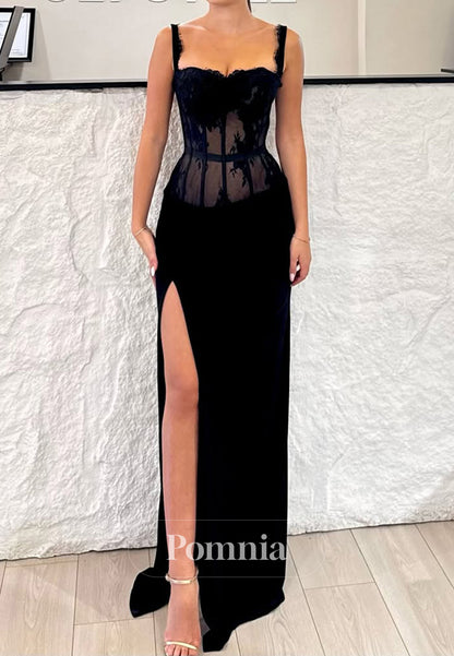 Black Spaghetti Straps Square Slit Corset Prom Dress
