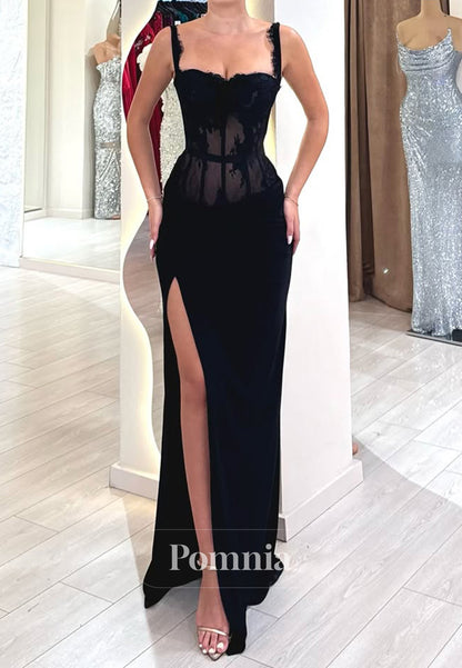 Black Spaghetti Straps Square Slit Corset Prom Dress