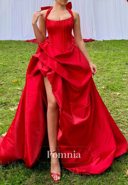 Red Spaghetti Straps Square Slit Ruched Prom Dress
