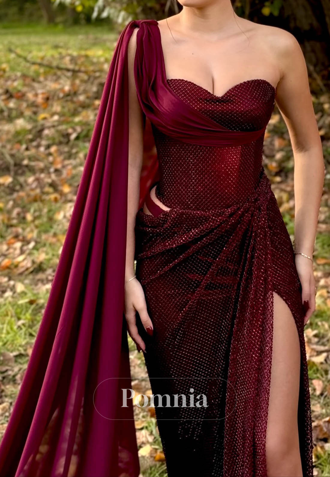 Burgundy One Shoulder Sleeveless Slit Ruched Prom Dress