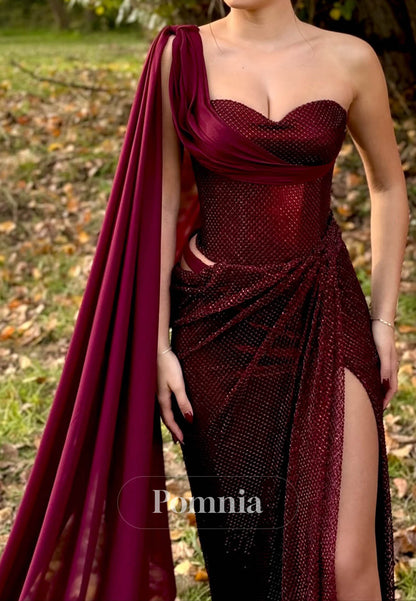 Burgundy One Shoulder Sleeveless Slit Ruched Prom Dress