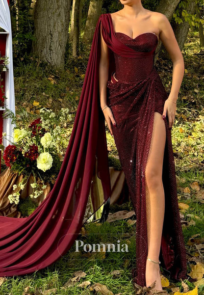 Burgundy One Shoulder Sleeveless Slit Ruched Prom Dress