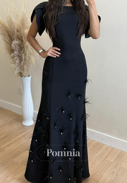 Black Short Sleeves Scoop Sequins A-Line Satin Prom Dress