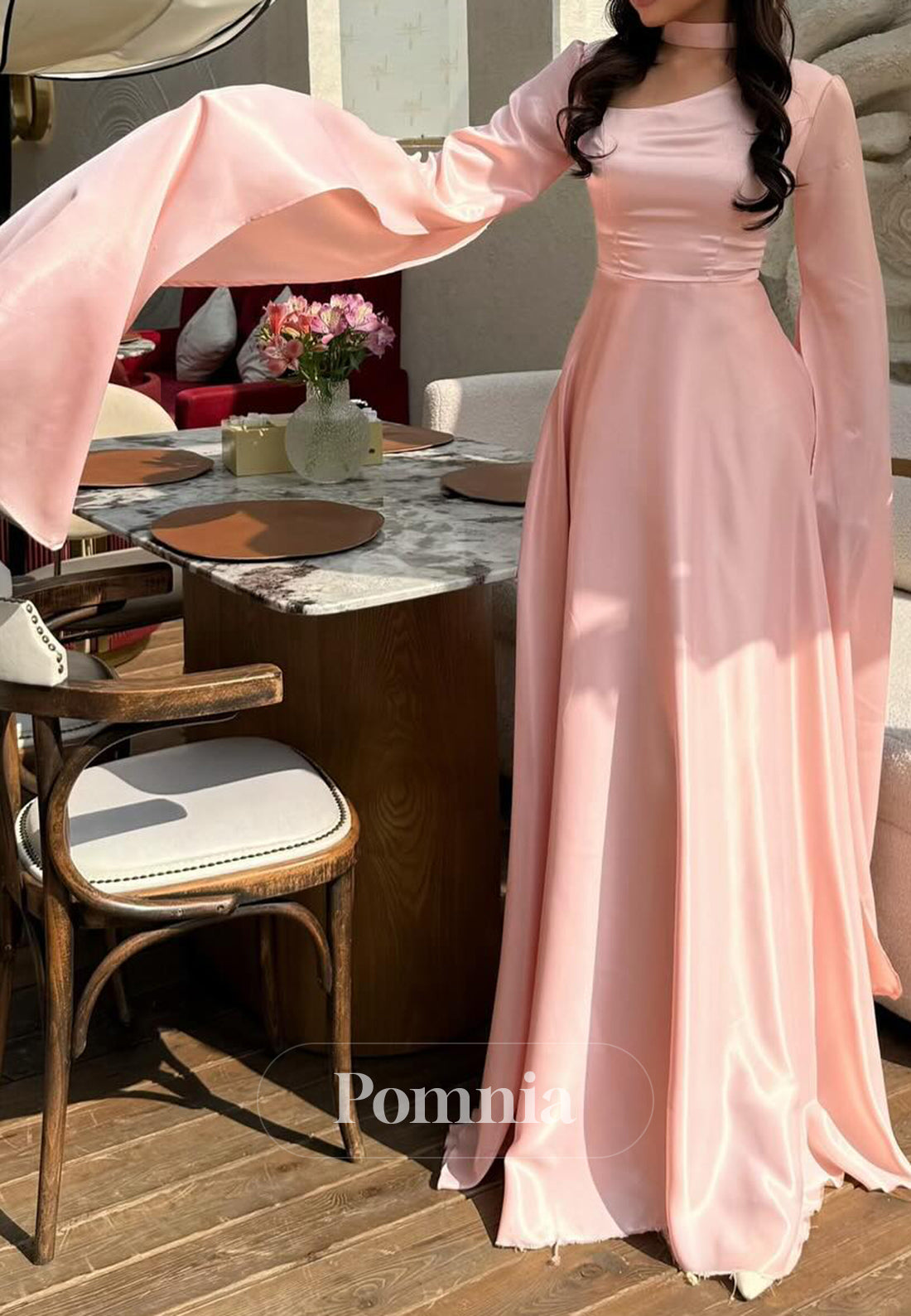 Blushing Pink Long Sleeves Square Empire-Waist Prom Dress