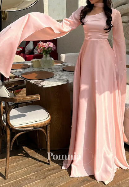 Blushing Pink Long Sleeves Square Empire-Waist Prom Dress
