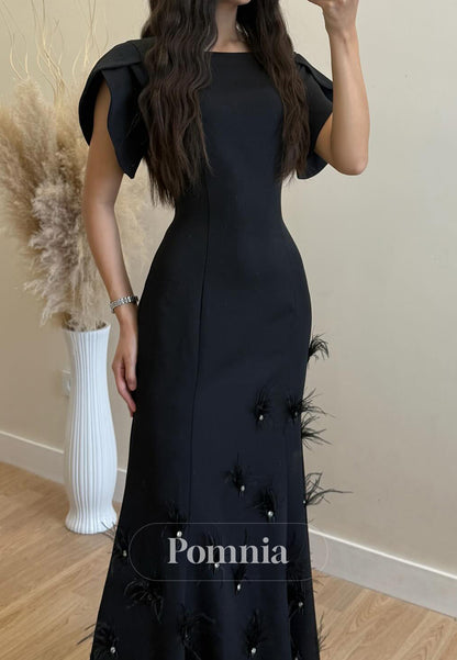 Black Short Sleeves Scoop Sequins A-Line Satin Prom Dress