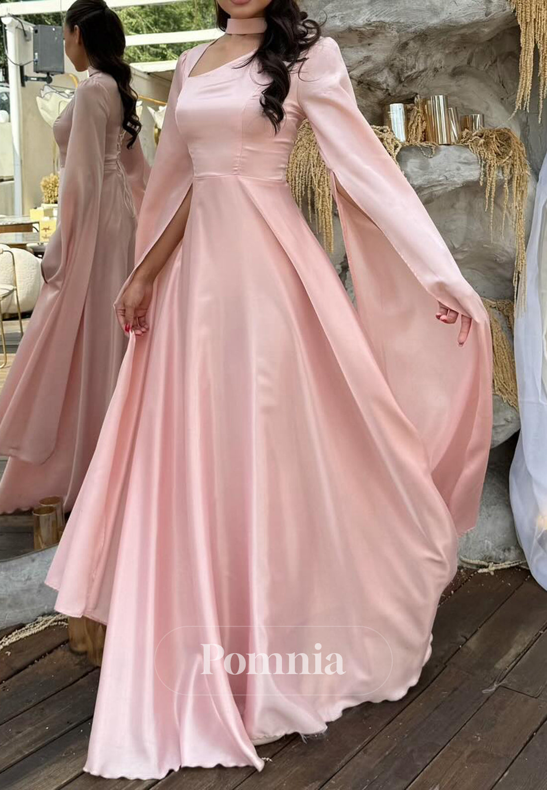 Blushing Pink Long Sleeves Square Empire-Waist Prom Dress
