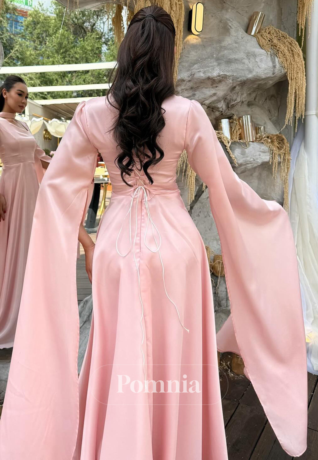 Blushing Pink Long Sleeves Square Empire-Waist Prom Dress