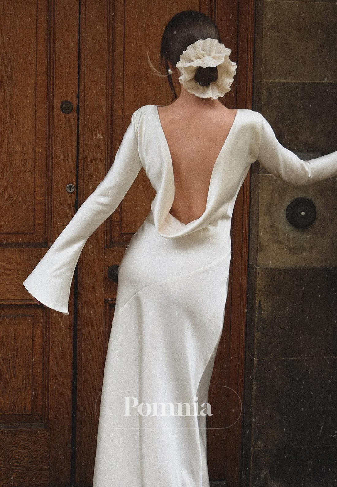 Simple Long Sleeves Scoop Backless Satin Wedding Dress