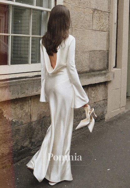 Simple Long Sleeves Scoop Backless Satin Wedding Dress