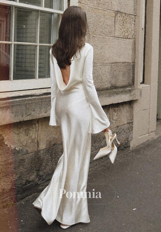 Simple Long Sleeves Scoop Backless Satin Wedding Dress