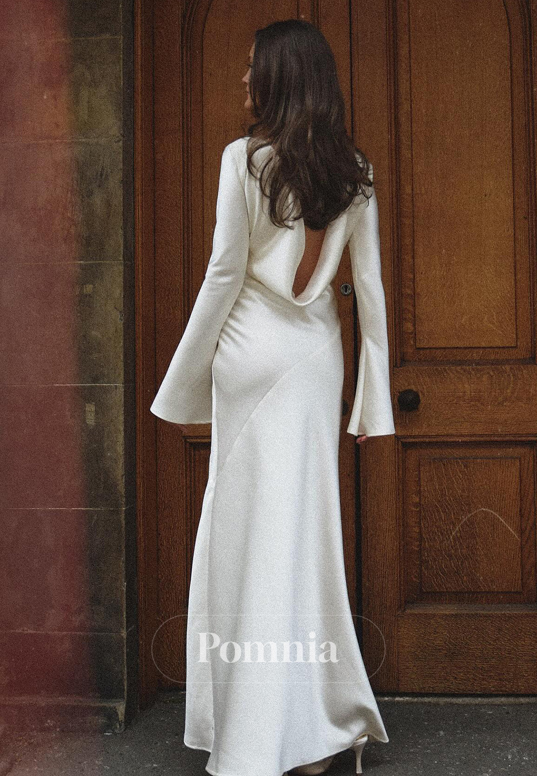 Simple Long Sleeves Scoop Backless Satin Wedding Dress