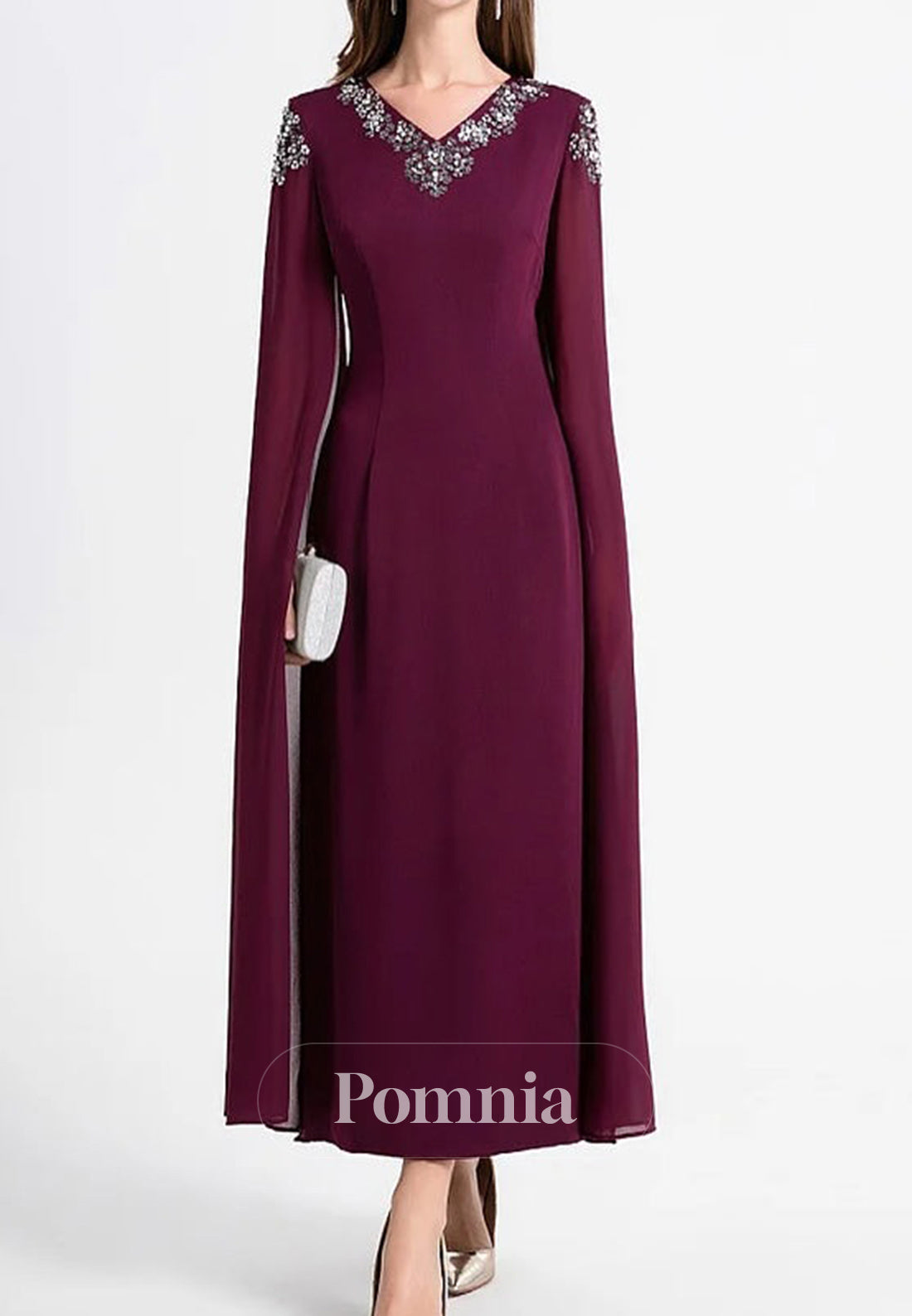 A-Line Long Sleeves V-Neck Chiffon Mother of the Bride Dress