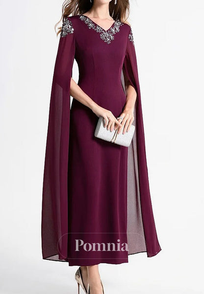 A-Line Long Sleeves V-Neck Chiffon Mother of the Bride Dress