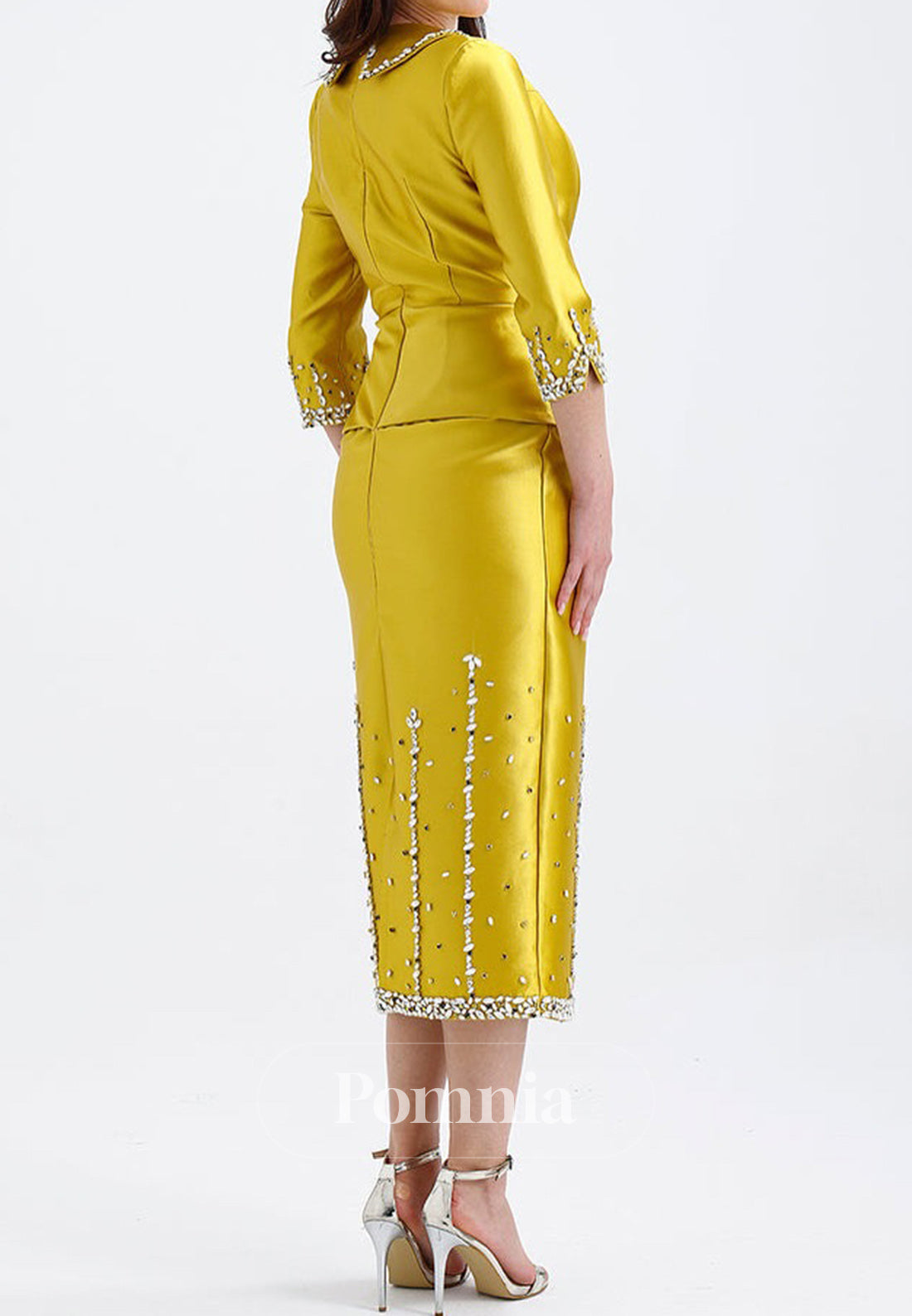 Long Sleeves V-Neck Knee-Length Satin Mother of the Bride Dress