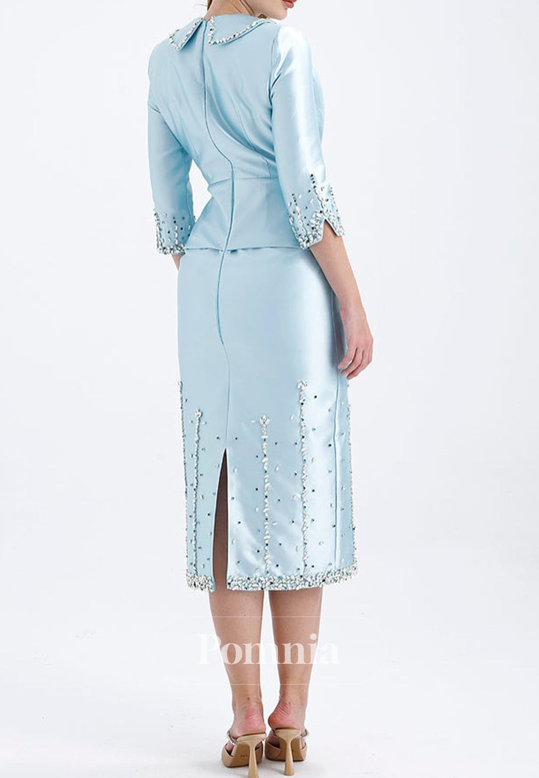 Long Sleeves V-Neck Knee-Length Satin Mother of the Bride Dress