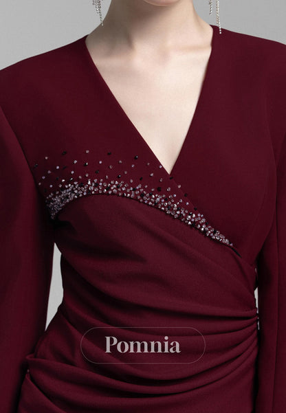 Elegant Long Sleeves V-Neck Ruched Satin Evening Dress