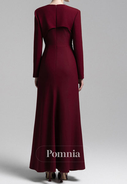 Elegant Long Sleeves V-Neck Ruched Satin Evening Dress